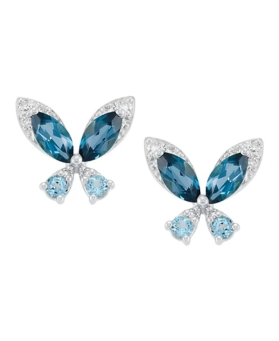Macy's London Blue Topaz (1-1/4 ct. t.w.), Swiss Blue Topaz (1/4 ct. t.w.) & Diamond (1/10 ct. t.w.) Butterfly Stud Earrings in Sterling Silver