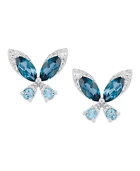 Macy's London Blue Topaz (1-1/4 ct. t.w.), Swiss Blue Topaz (1/4 ct. t.w.) & Diamond (1/10 ct. t.w.) Butterfly Stud Earrings in Sterling Silver