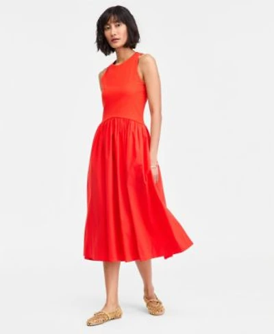 On 34th Womens Curved Waist Mixed Media Midi Dress Macys Exclusive