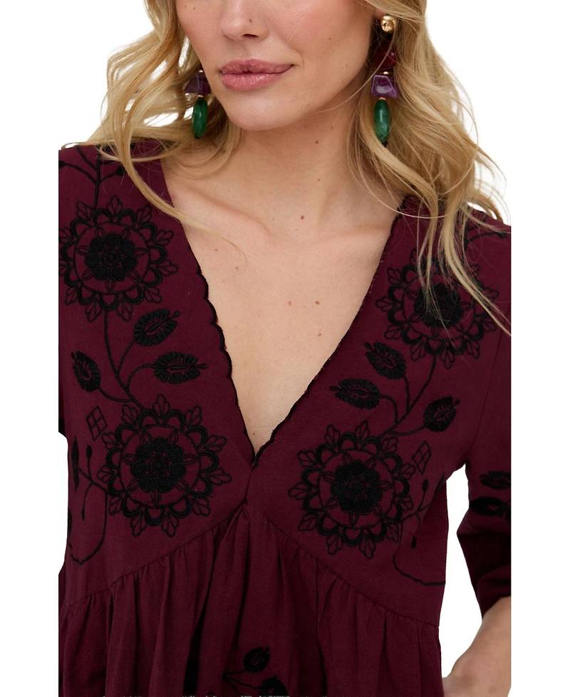 Raffya Women's Arabella V- Neck Embroidered Mini Dress
