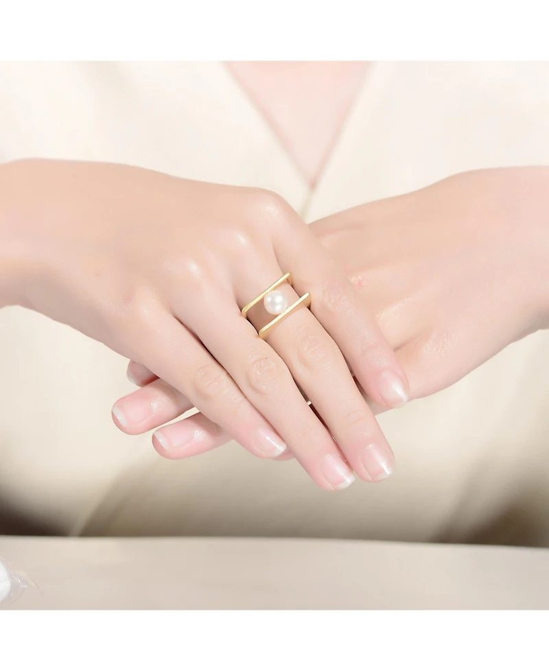 14k Gold Plated with White Genuine Freshwater Pearl Double Band Geometric Square Stacked Ring.