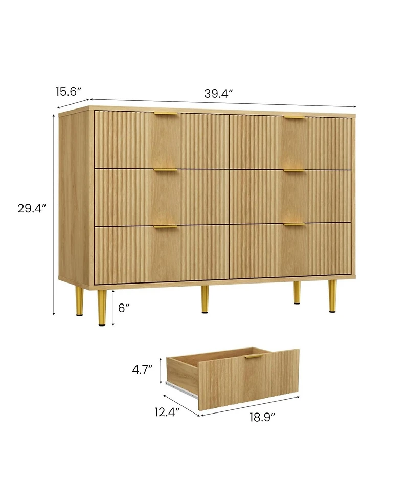gaomon Fluted 6-Drawer Dresser, 39.4" Wide Modern Wooden Chest with Metal Handles, Large Storage Organizer for Bedroom, Living Room, Hallway