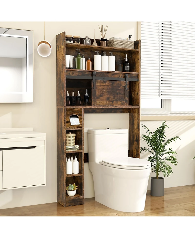 Gymax Over The Toilet Storage Cabinet w/ Sliding Barn Door Adjustable Shelves 2 Hooks