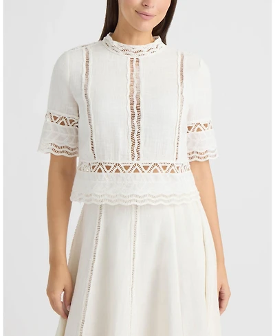 Ellen Tracy Women's Cotton Crosshatch Top with Crochet Applique