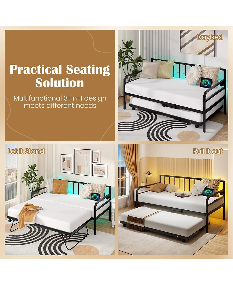 Sugift Adjustable Metal Daybed with Charging Station and Led Light