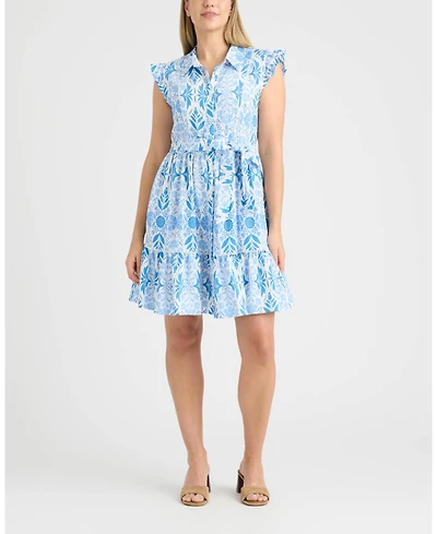 Ellen Tracy Women's Belted Ruffle Sleeve Tiered Dress