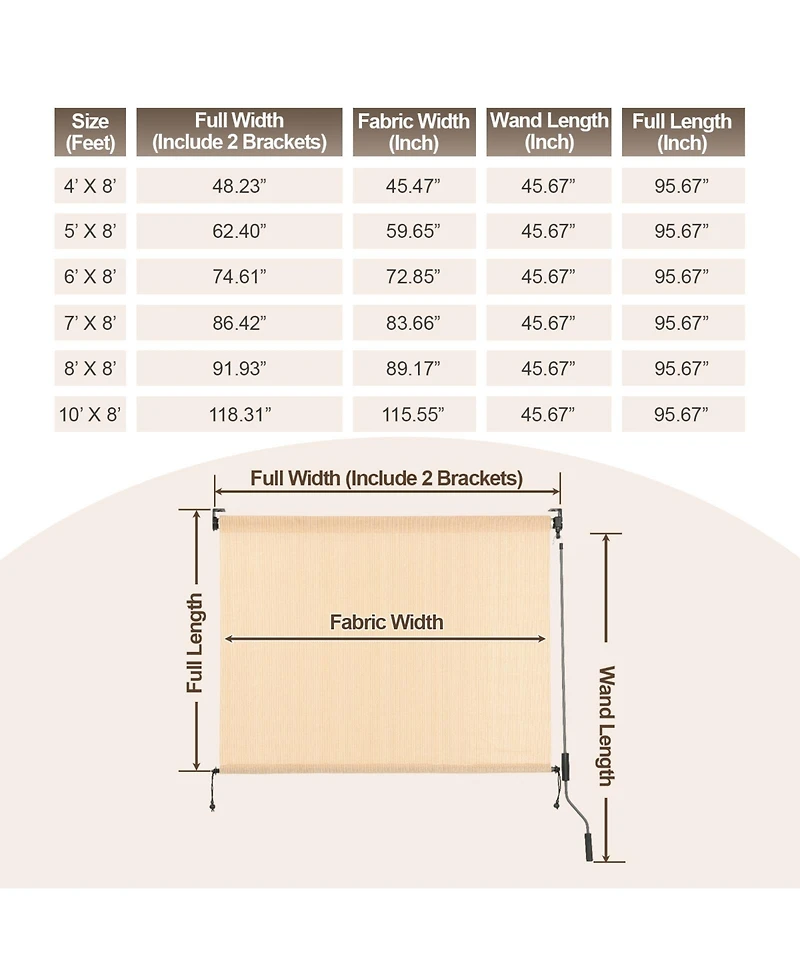 Aoodor Patio Roller Shade x 8 ft Hdpe Fabric Outdoor Cordless Roll Up with Uv Protection, Blinds