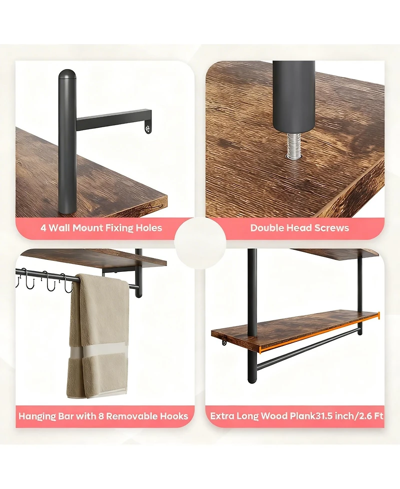 Yigii Floating Shelves Wall Mounted 31" 2-Tier Storage Rack with Towel Bar 8 Hooks