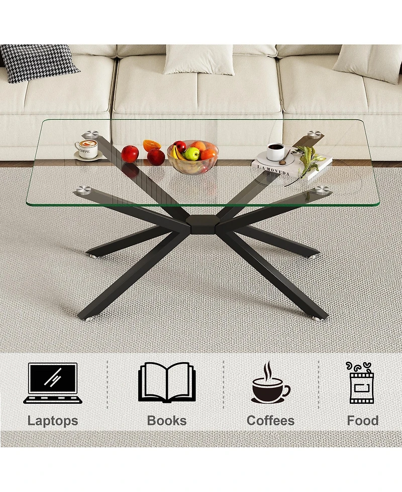 Rainsken Rectangular Clear Tempered Glass Coffee Table with Adjustable Feet and Metal Legs for Living Room