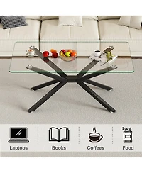 Rainsken Rectangular Clear Tempered Glass Coffee Table with Adjustable Feet and Metal Legs for Living Room