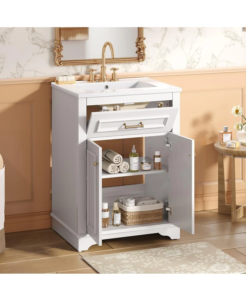 Sillysis 24" Bathroom Vanity with Ceramic Sink, Modern Freestanding Mdf Cabinet, Tip-Out Drawer Soft Close Door for Small Bathrooms