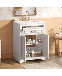 Sillysis 24" Bathroom Vanity with Ceramic Sink, Modern Freestanding Mdf Cabinet, Tip-Out Drawer Soft Close Door for Small Bathrooms