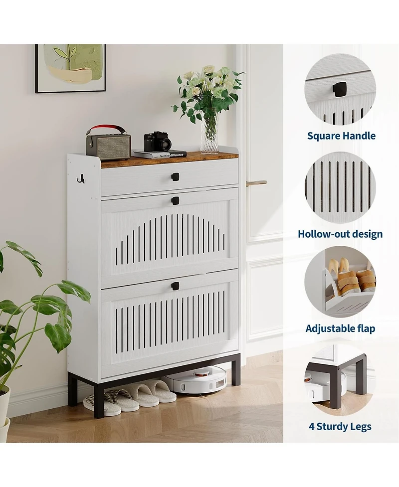 gaomon Wooden Shoe Cabinet with 2 Hollow-Panel Flip Drawers and Top Drawer