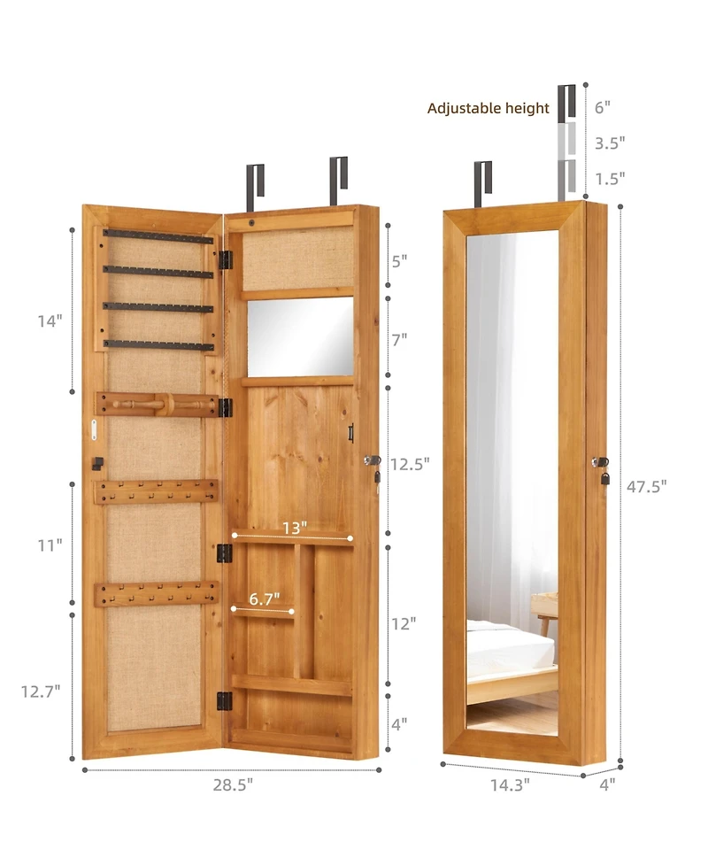 flynama Solid Wood Jewelry Armoire Organizer Cabinet with Full Length Mirror Wall Mounted Lockable with Led Light