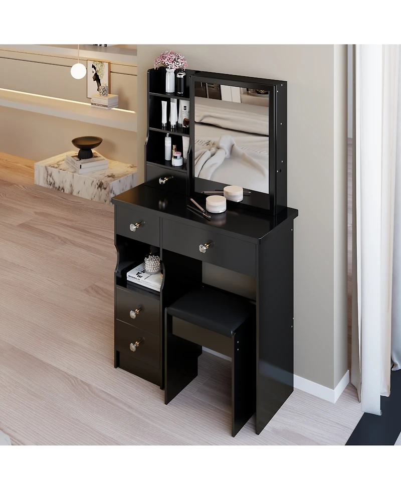 flynama 29.2 Inch Small Space Vanity Table Set with Mirror & Stool Compact Home Dressing Desk