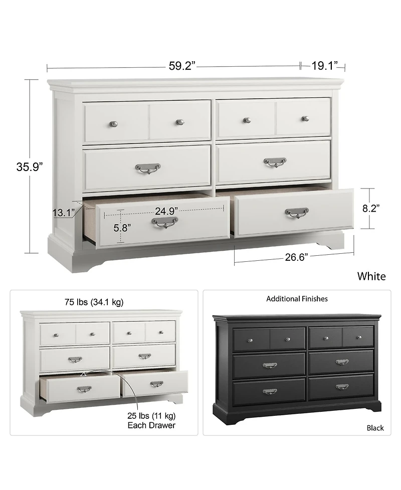 flynama Bristol 6 Drawer Elegant Dresser Mdf Particleboard for Bedroom Guest Room