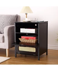 gaomon Nightstand with Led Lighting Charging End Table with 2 Usb Ports and 2 Outlets Bedroom Night Stand with 2 Rattan Decorated Drawers , Open Shelf