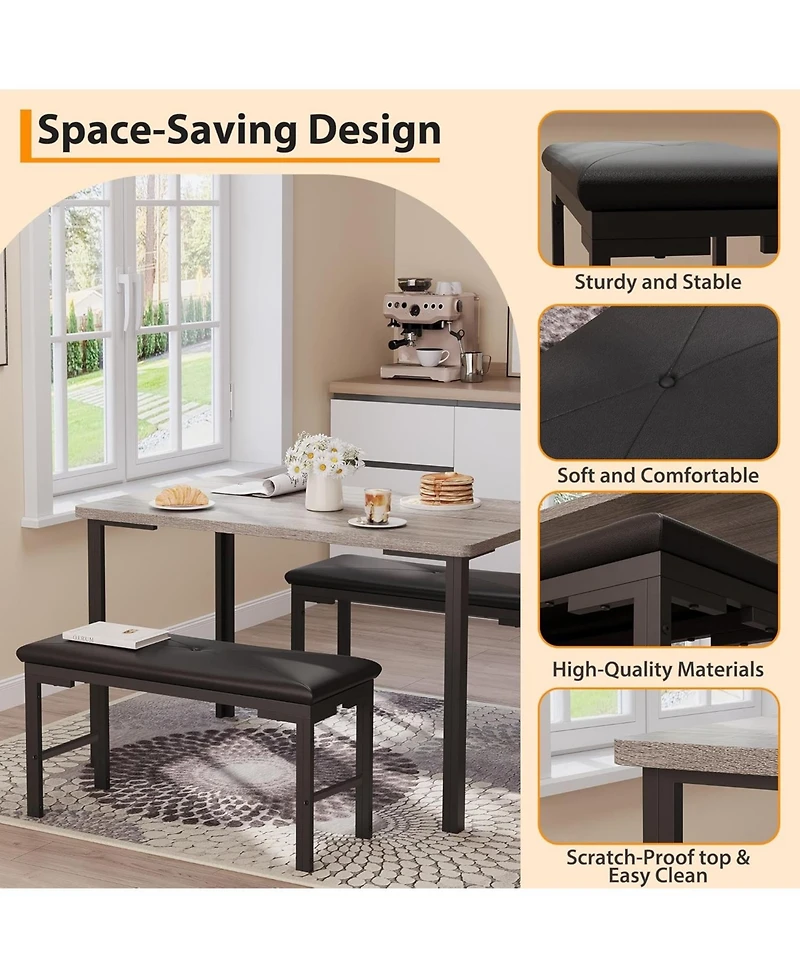 gaomon 3-Piece Dining Table Set with 2 Upholstered Benches