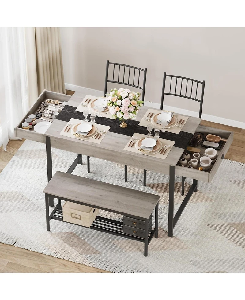 gaomon 4-Piece Farmhouse Rectangular Dining Table Set with 2 Chairs and Bench