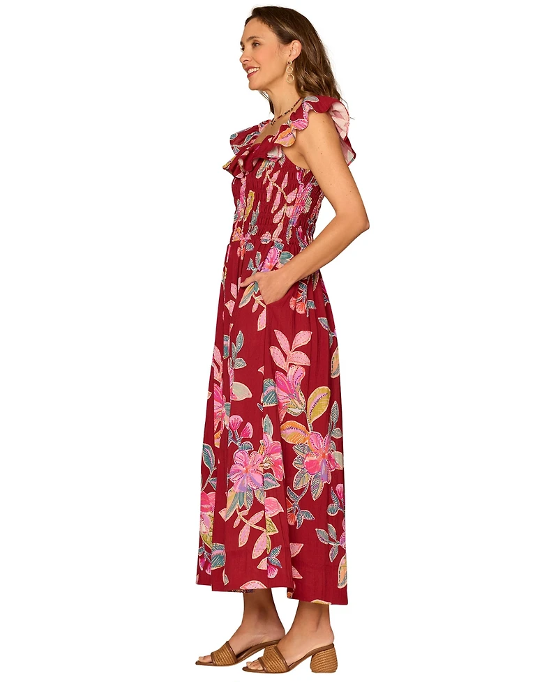 Democracy Petite Ruffle-Sleeve Floral U-Neck Maxi Dress