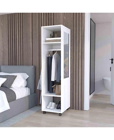 flynama 63inch Cluster Armoire with Mirror 3 Shelves Casters Hanging Rod