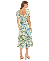 London Times Women's Floral Print Square Neck Midi Dress