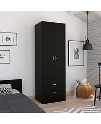 flynama Lisboa Armoire with Double Doors Hanging Rod Two Drawers and Metal Handles