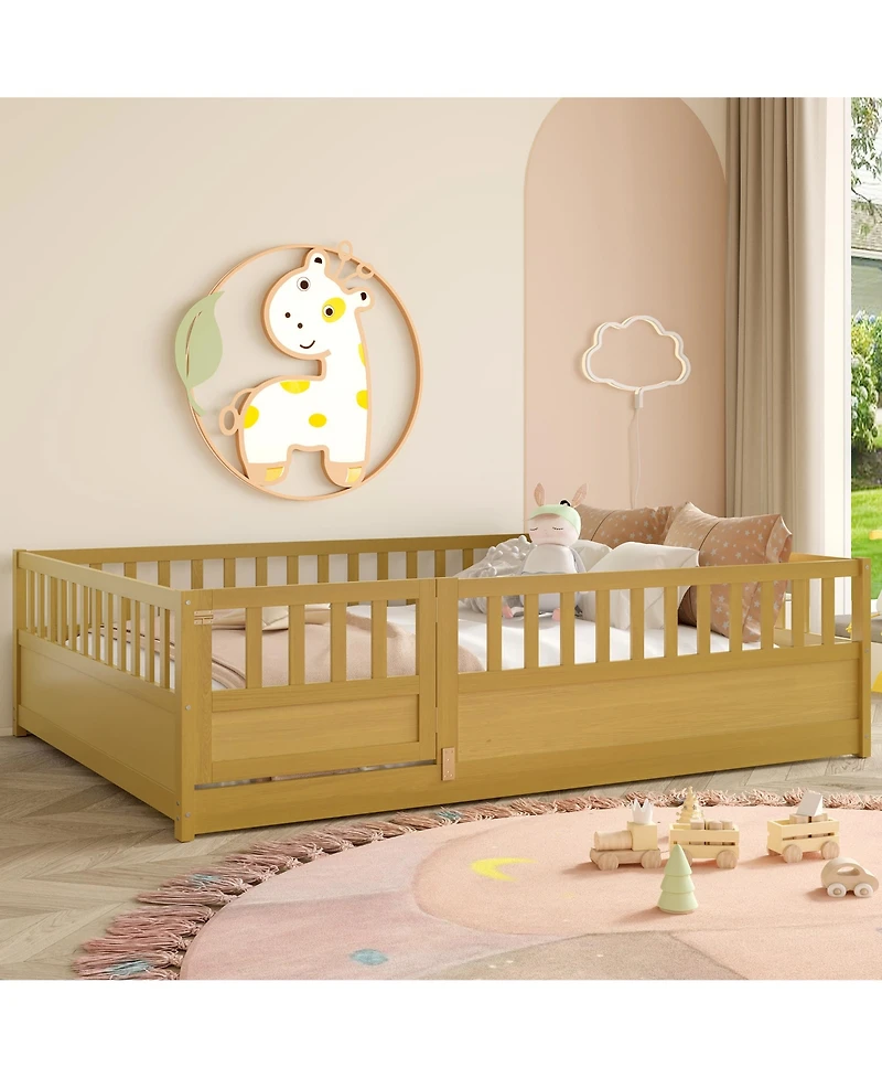 flynama Montessori Floor Bed With Support Slat High Barrier Door Natural Wood For Kids