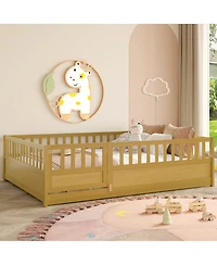 flynama Montessori Floor Bed With Support Slat High Barrier Door Natural Wood For Kids