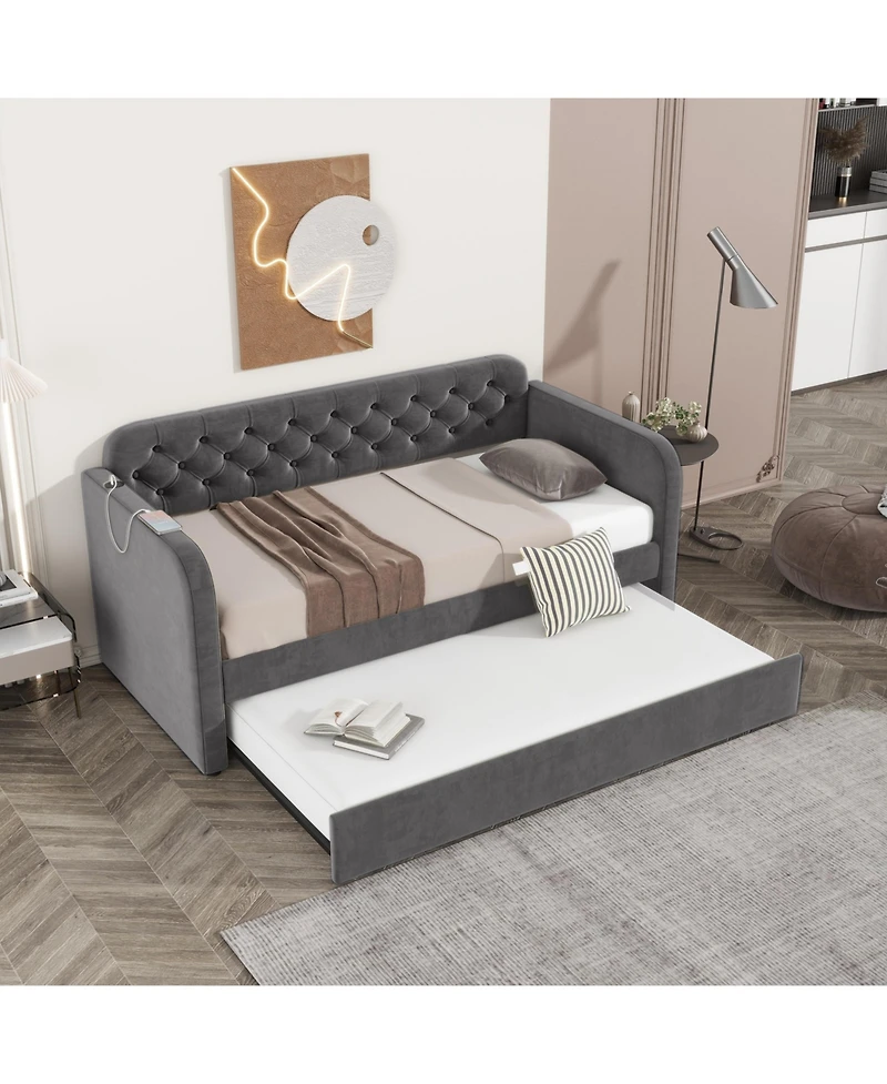 flynama Upholstered Daybed With Trundle And Usb Charging Dark No Box Spring