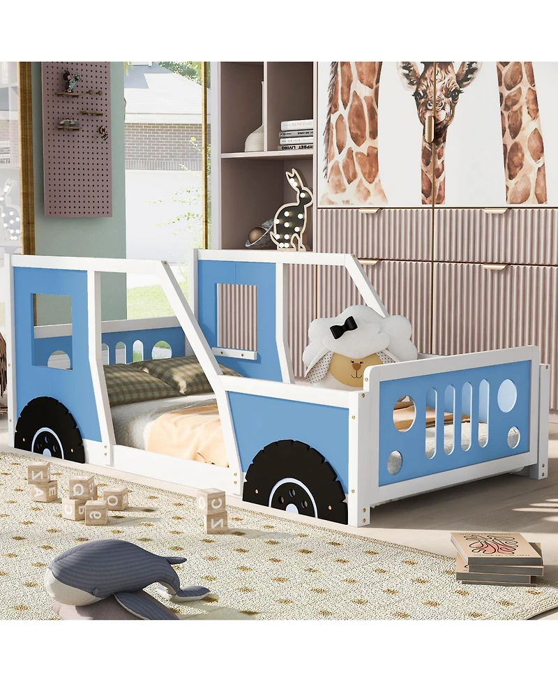 flynama Classic Car Shaped Platform Bed Wheels Pine Wood Mdf Frame