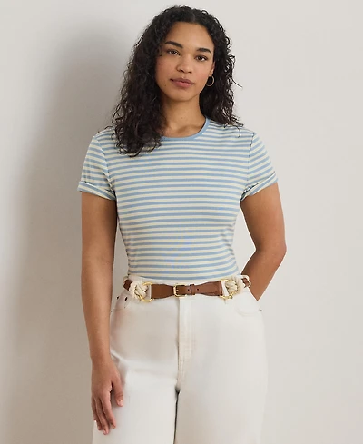 Lauren Ralph Plus Striped Rib-Knit Stretch Top