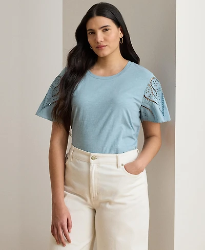 Lauren Ralph Plus Eyelet Jersey & Broadcloth Top