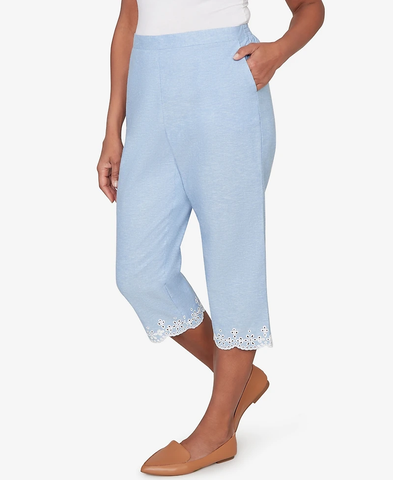 Alfred Dunner Women's Caribbean Blues Eyelet Embroidered Cuff Capri Pants
