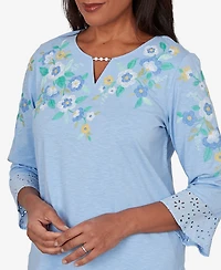 Alfred Dunner Women's Caribbean Blues Floral Embroidered Split Neck Top