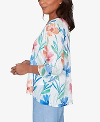 Alfred Dunner Women's Caribbean Blues Whimsical Flower Bell Sleeve Top