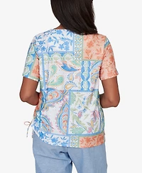Alfred Dunner Women's Caribbean Blues Patchwork Scroll Side Tie Ruched T-Shirt