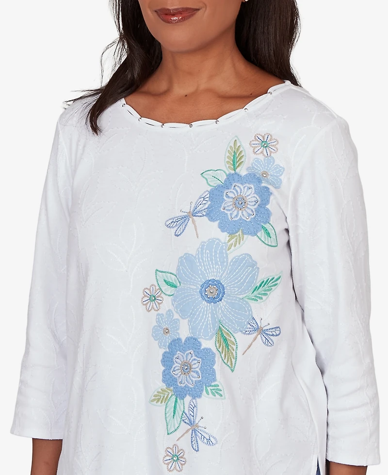 Alfred Dunner Women's Caribbean Blues Embroidered Dragonfly Floral Top