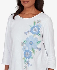 Alfred Dunner Women's Caribbean Blues Embroidered Dragonfly Floral Top