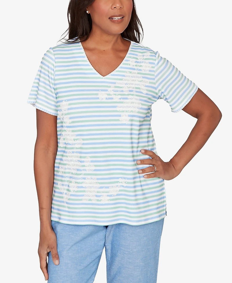 Alfred Dunner Petite Caribbean Blues Highlight Flower Striped T-shirt