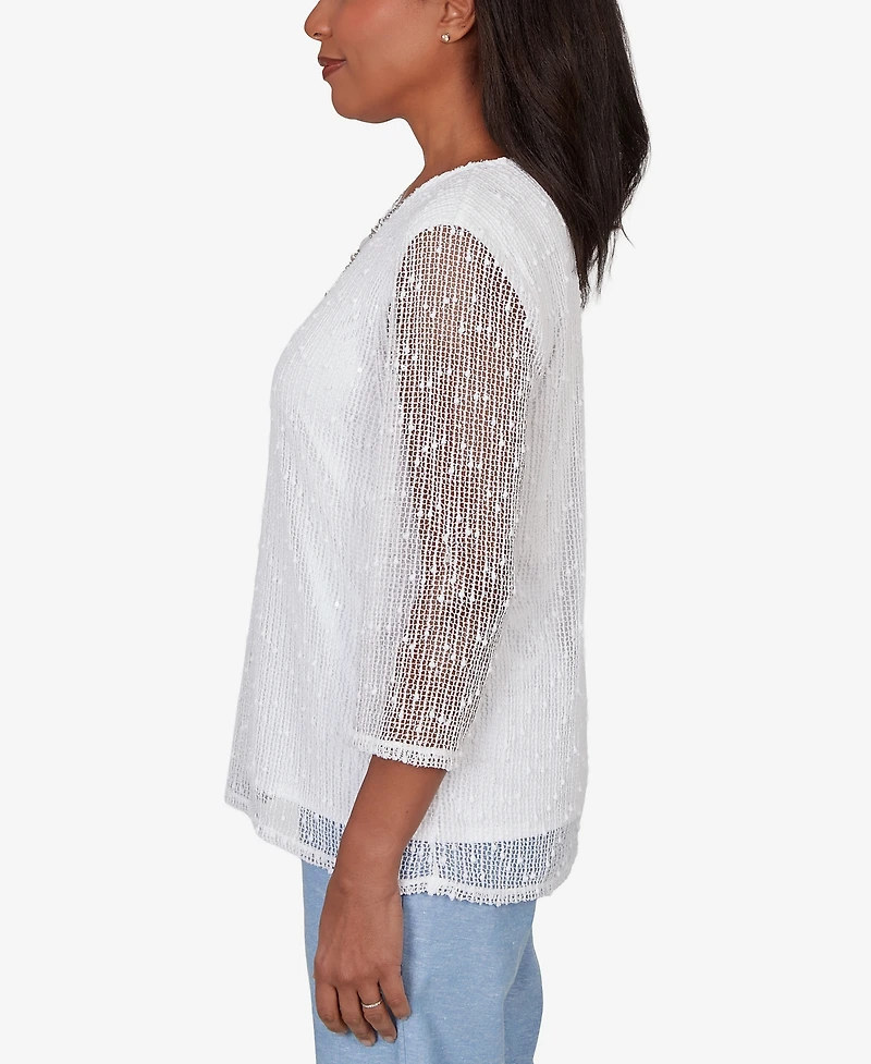 Alfred Dunner Petite Caribbean Blues Popcorn Mesh Solid Top