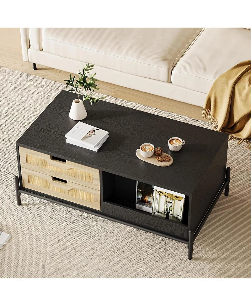 gaomon Wooden Coffee Table, Modern Farmhouse Style 394" Table with 4 Hidden Drawers and 2 Open Compartments, Room Tables with Led Mood Lighting