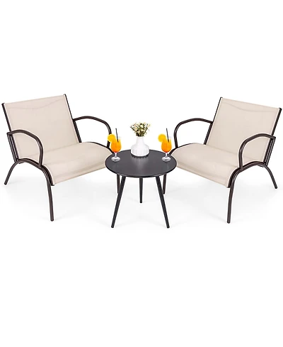 Gymax 3 Piece Patio Chair Set Curved Fabric Seat Round Coffee Table for Backyard