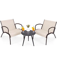 Gymax 3 Piece Patio Chair Set Curved Fabric Seat Round Coffee Table for Backyard