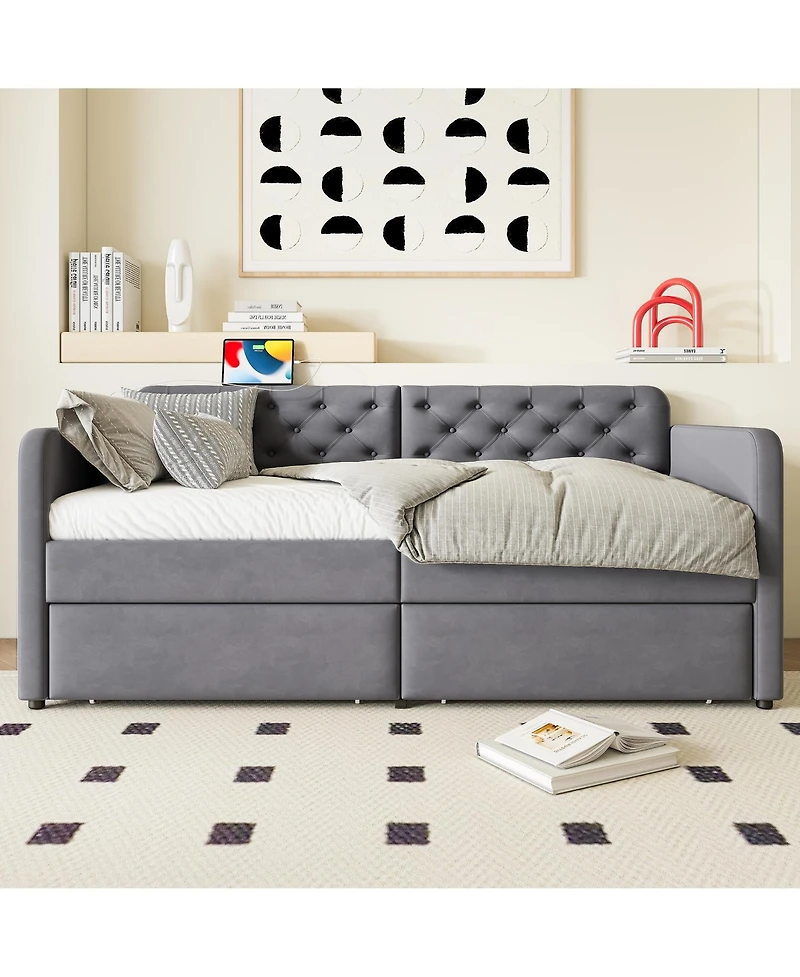flynama Upholstered Daybed 2 Storage Drawers Usb Charging