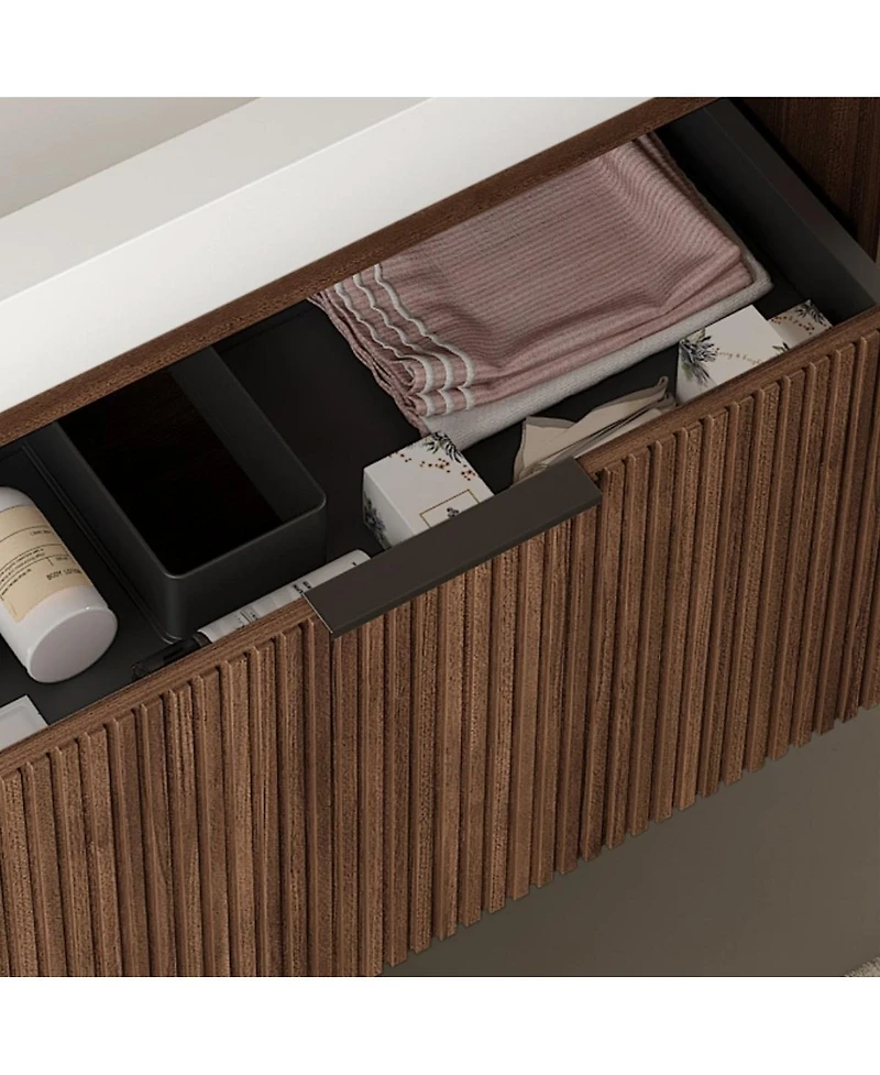 Thirtypeachy 36" Retro Deep Walnut Plywood Freestanding Bathroom Vanity Cabinet, No Basin, 1 Full-Extension Drawer And Open Towel Shelf