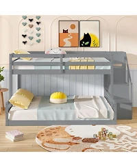 Sugift Solid Wood Twin Over Full Low Bunk Bed with Storage Stairs