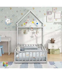 Sugift Twin House Floor Bed with House Shaped Headboard