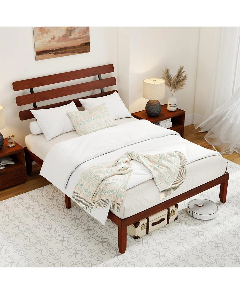 Sugift Solid Wood Platform Bed with Retro Style Headboard