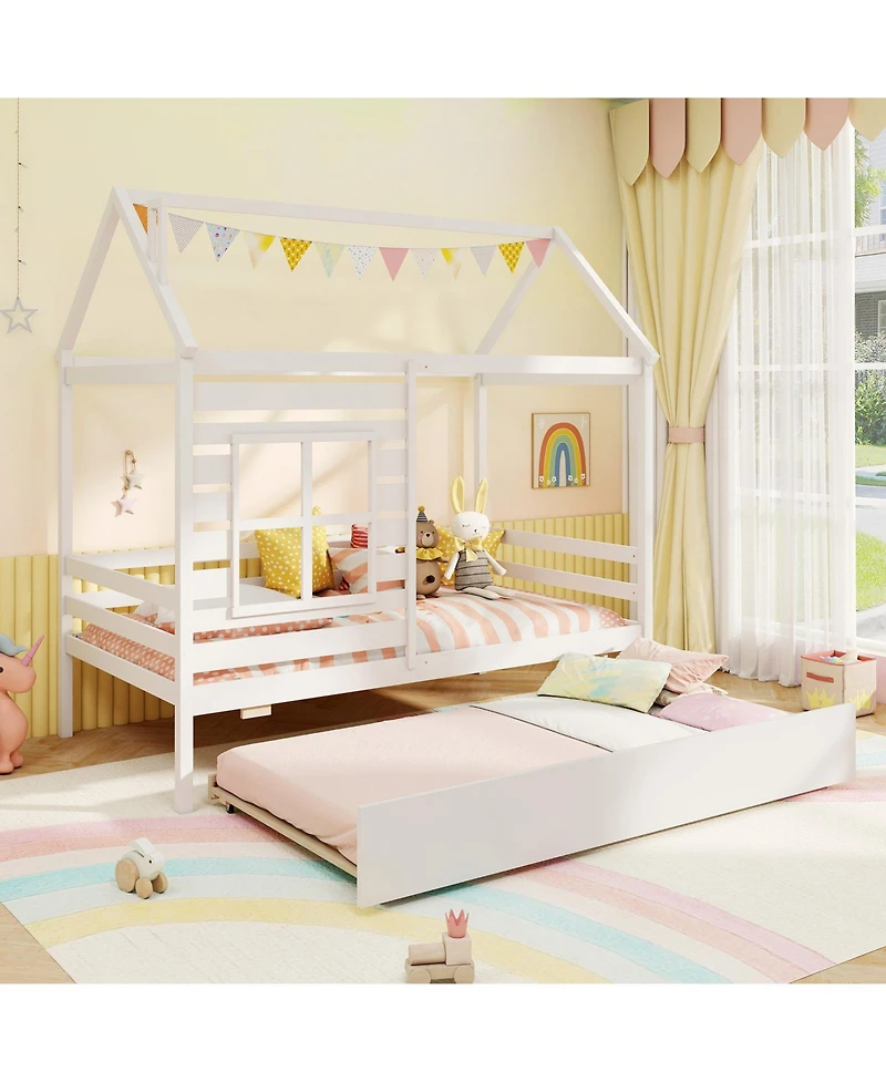 Sugift Wooden Platform House Bed with Trundle and Roof